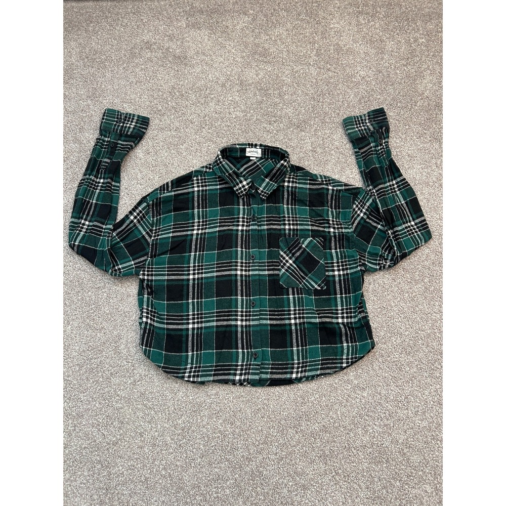 Weekends Everyday Plaid Flannel Shirt Womens Medium Green Excellent Cropped Boxy